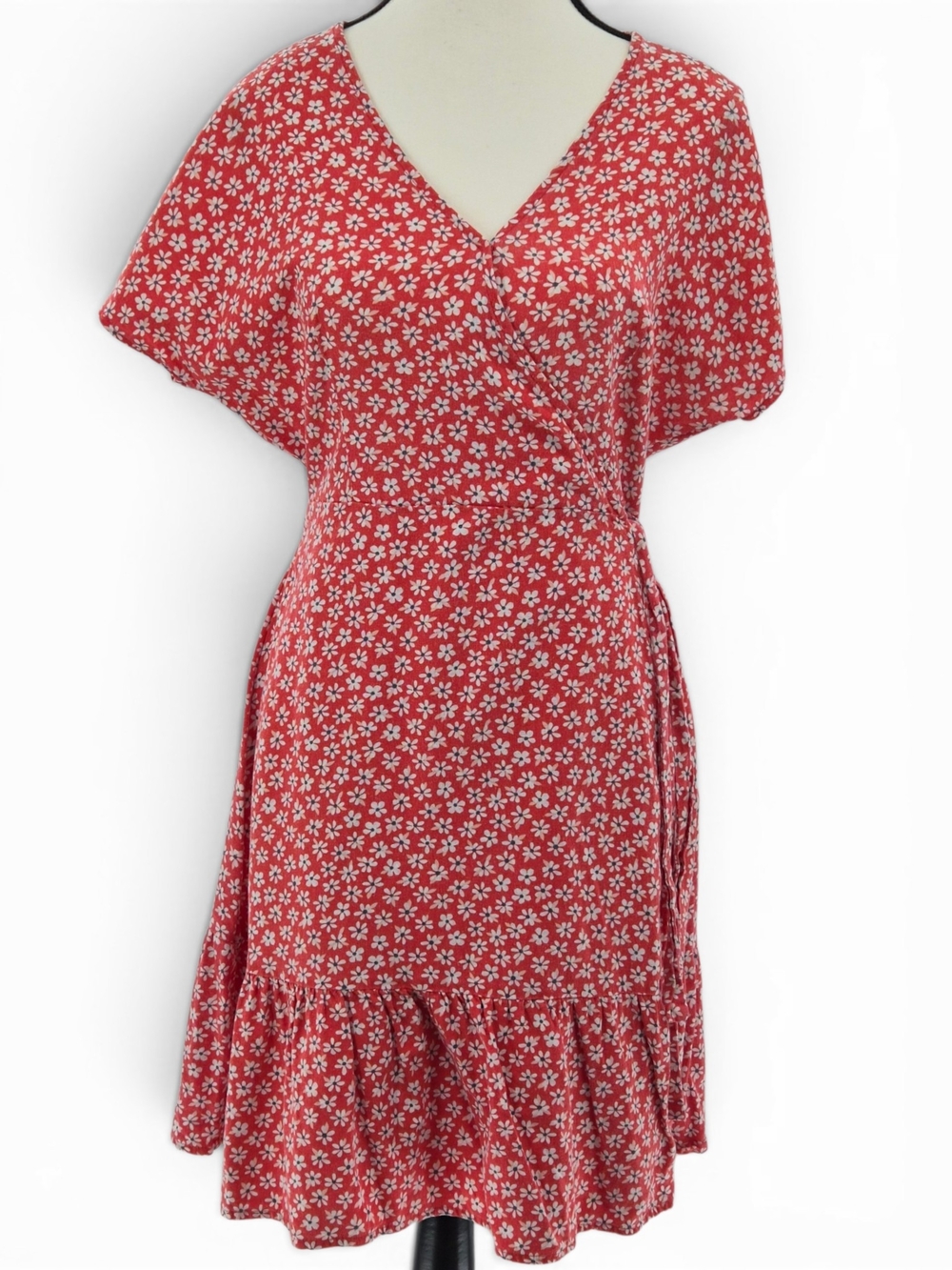 Old Navy Red Ditsy Floral Linen Blend Dolman Wrap Midi Dress Small Cottagecore - Picture 2 of 10